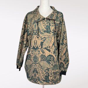 Vintage Teddi Tapestry Mock Neck Pullover 90s Green Beige Sweater Large